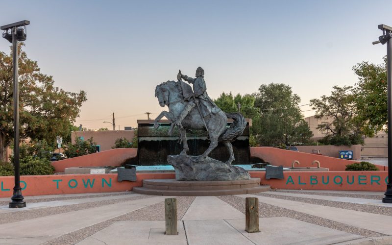 Equestrian statue of Don Francisco Cuervo Y Valdes, the founder of Albuquerque, at the entrance to Old Town.