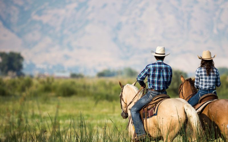 A,Couple,Horseback,Riding,From,Behind,Overlooking,Wide,Open,Field
