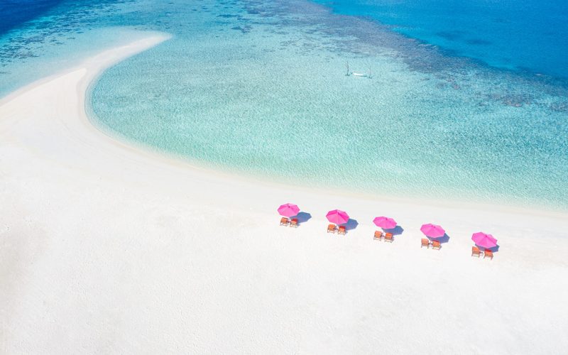 Aerial,Tropical,Beach,Banner.,White,Sand,With,Loungers,,Sun,Beds