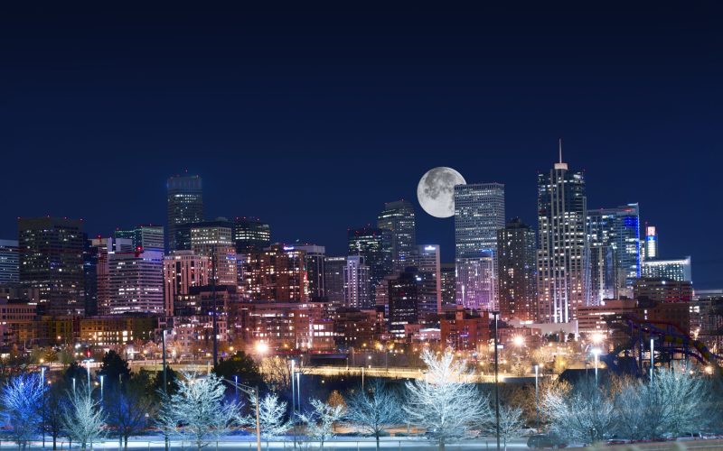 Denver,Skyline,West,Side.,Night,In,Colorado.,Downtown,Denver,With